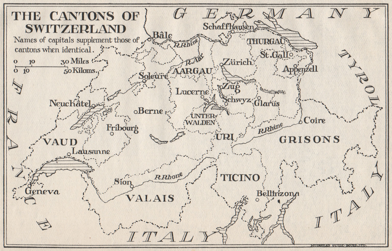 THE CANTONS OF SWITZERLAND. Vintage map plan. Cities Towns 1930 old